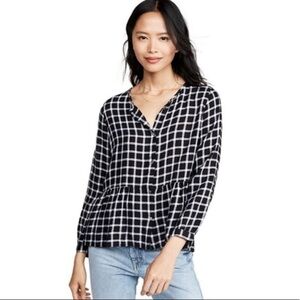 Rails Celeste Peplum Plaid Linen Blend Blouse in Onyx white check Size Medium